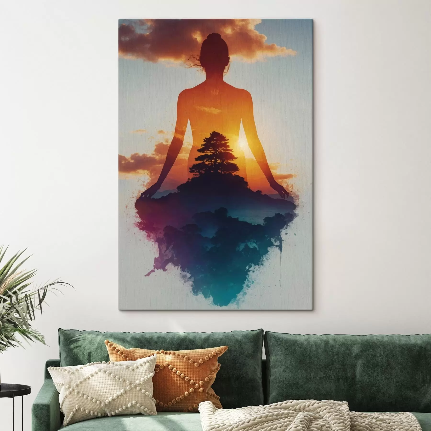Tableau Silhouette humaine sur fond de paysage au coucher du soleil s48364