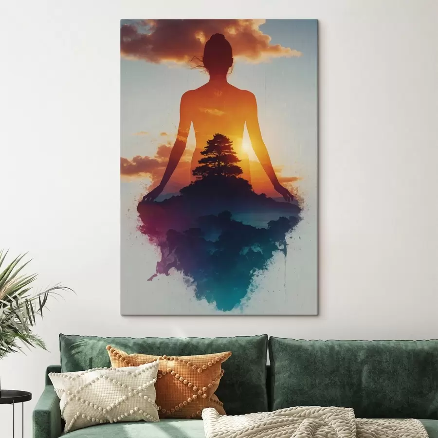 Tableau Silhouette humaine sur fond de paysage au coucher du soleil s48364