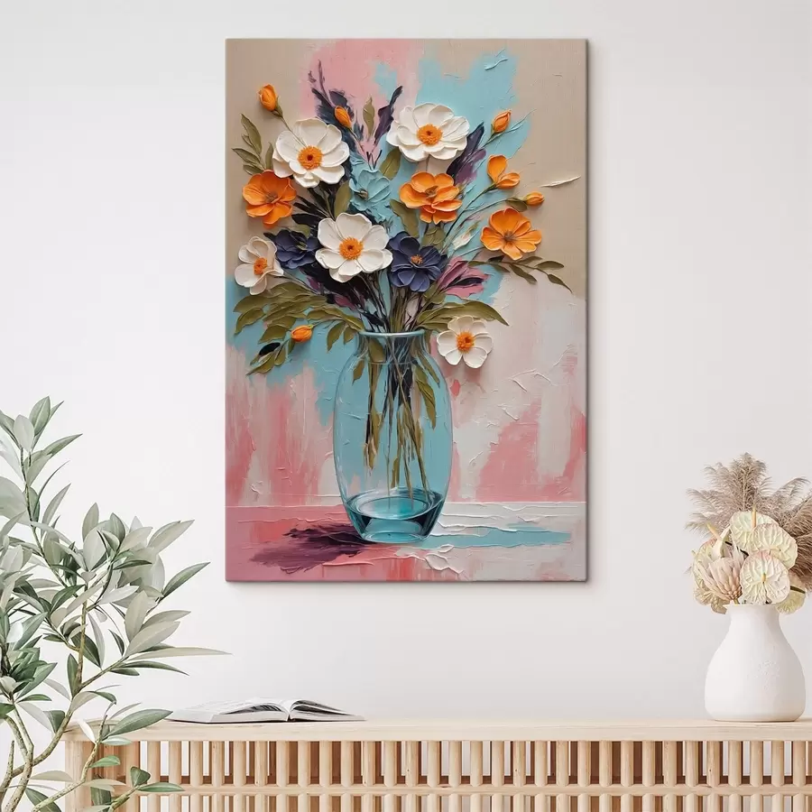 Tableau Bouquet de fleurs dans un vase en verre sur fond coloré s48488