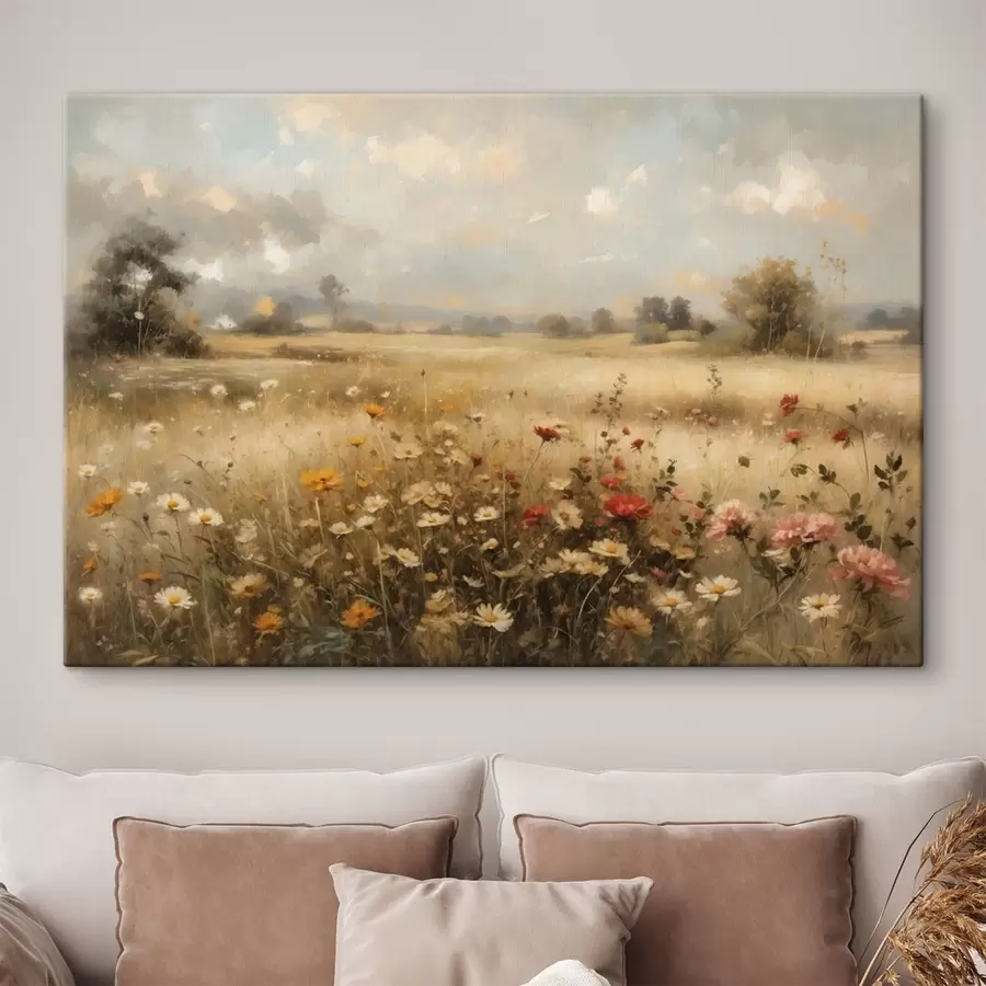 Tableau Champ de fleurs sauvages baigné d'une douce lumière s48491