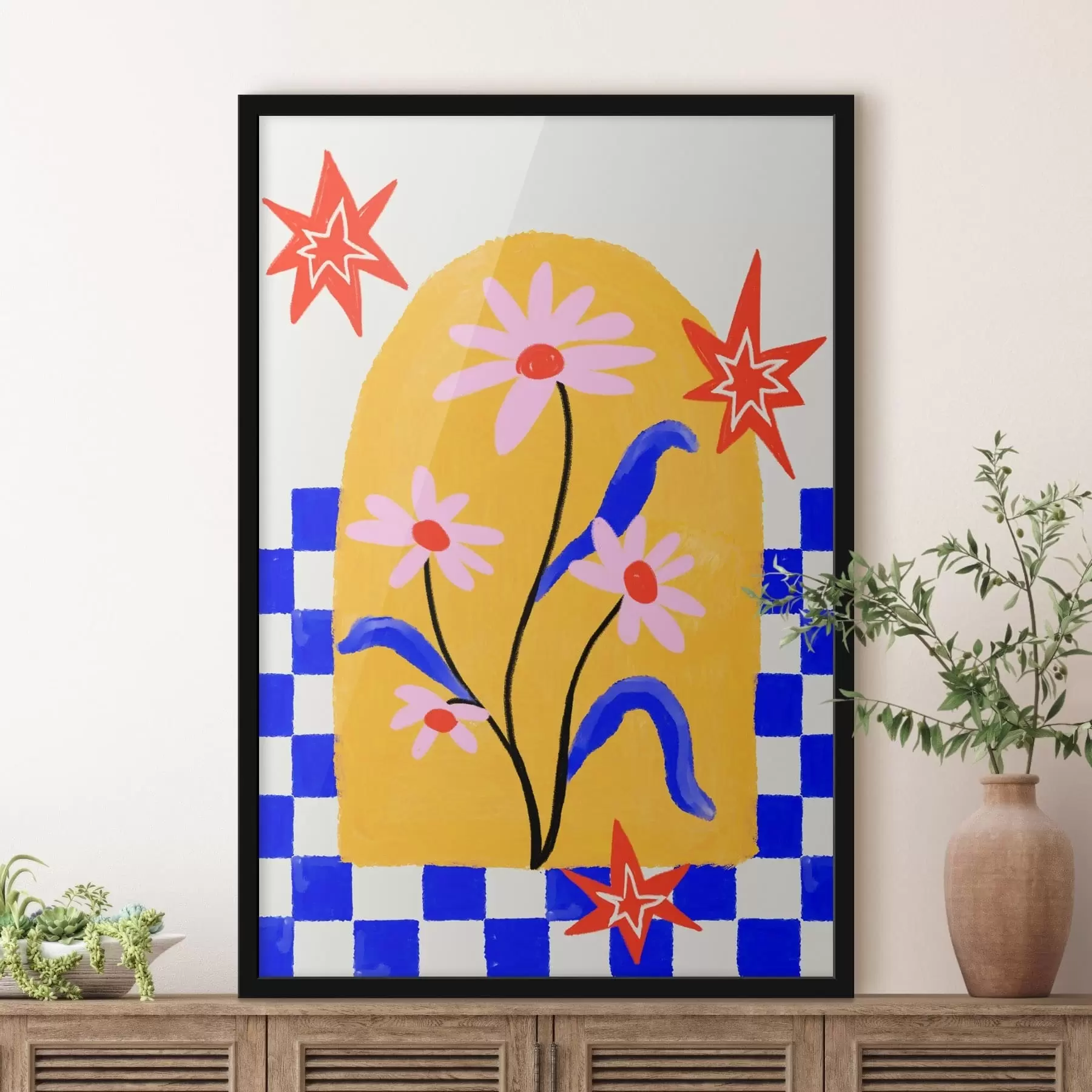 Papier peint Fleurs aux couleurs vives sur fond jaune avec des motifs bleus f48034