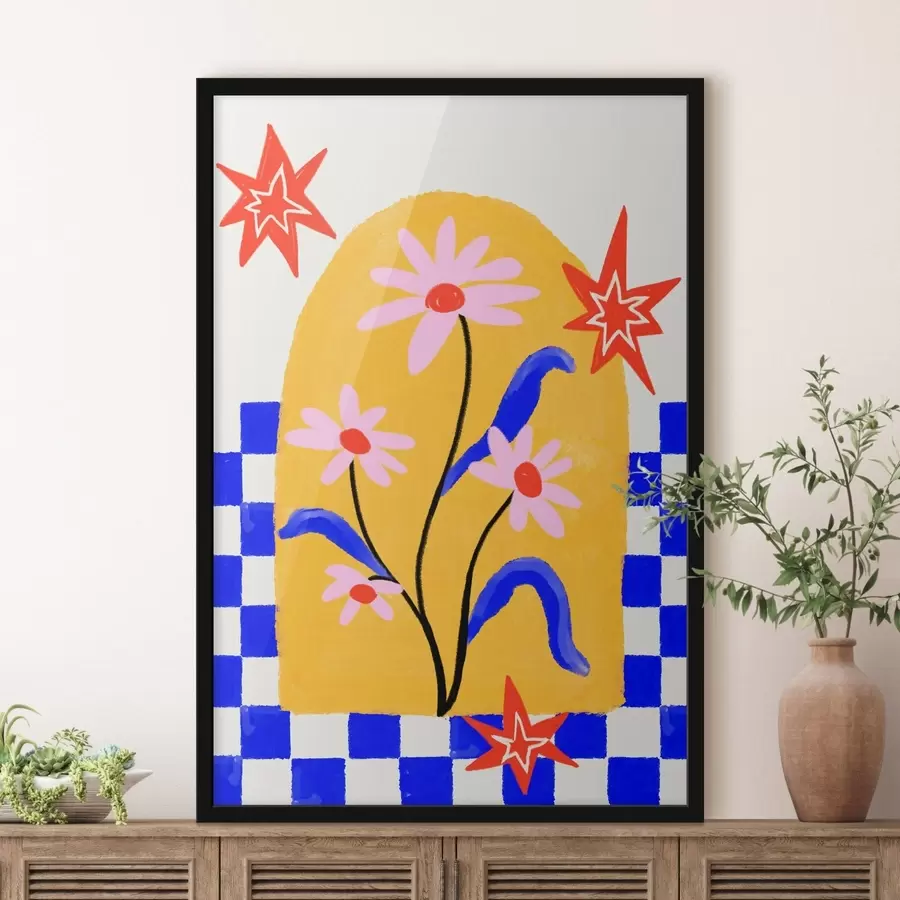 Papier peint Fleurs aux couleurs vives sur fond jaune avec des motifs bleus f48034
