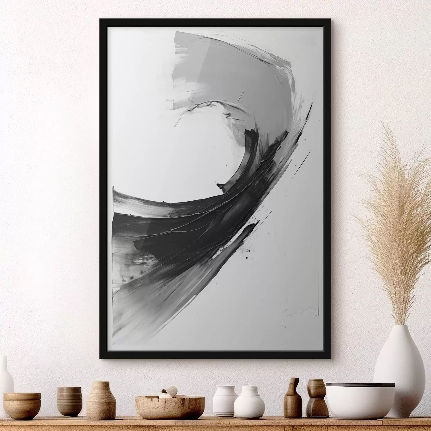 Papier peint Coulées de pinceau noires abstraites sur fond blanc f48326