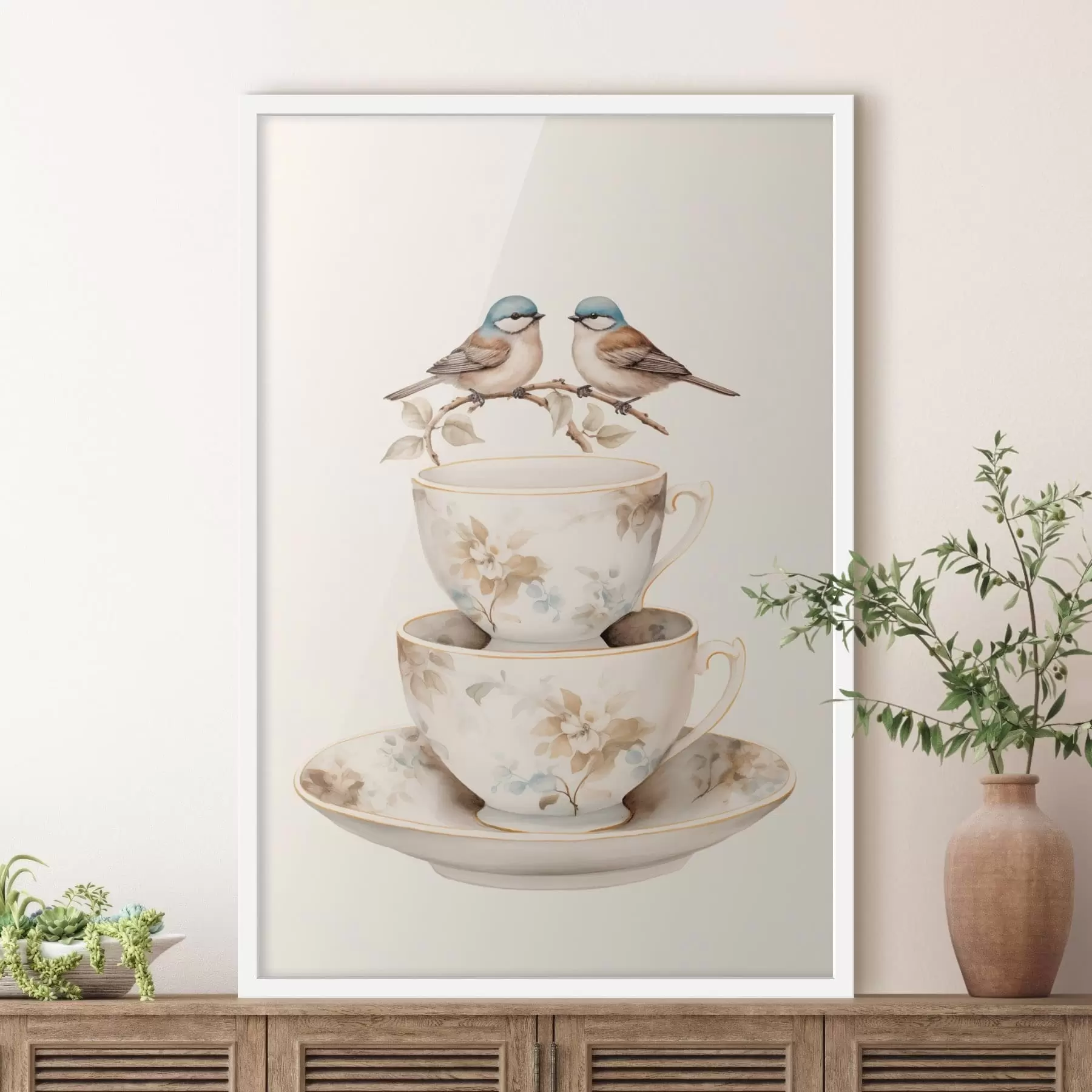 Papier peint Deux oiseaux sur une branche au-dessus de tasses à thé f48347