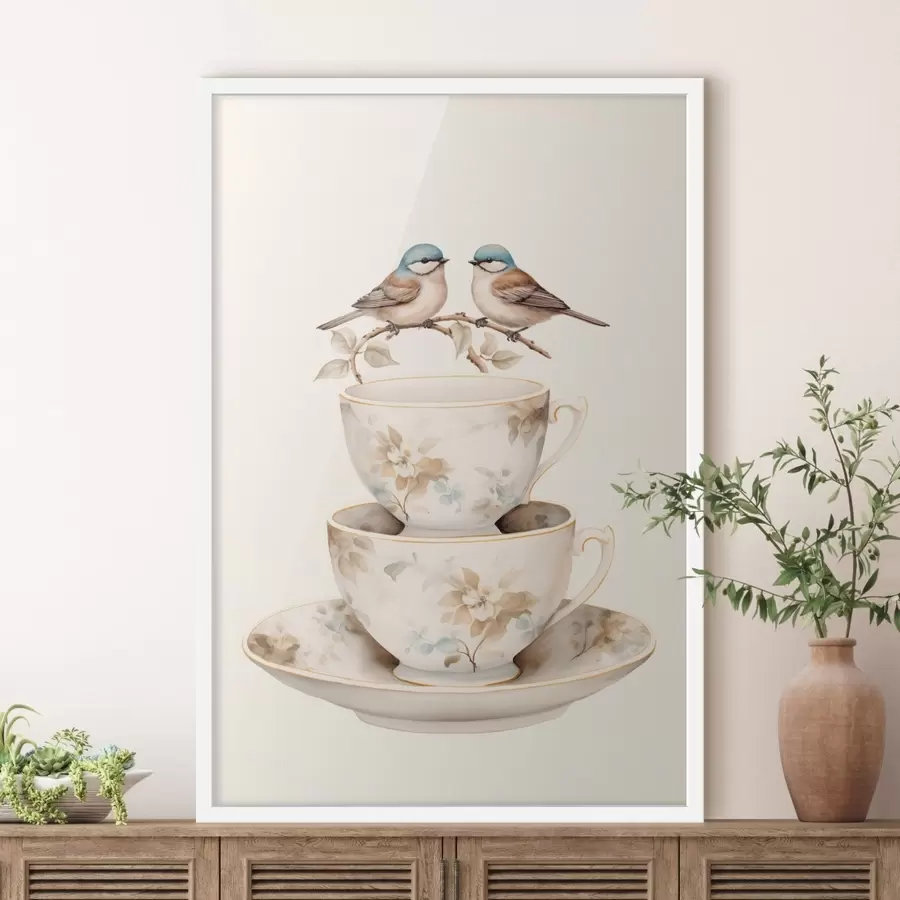 Papier peint Deux oiseaux sur une branche au-dessus de tasses à thé f48347