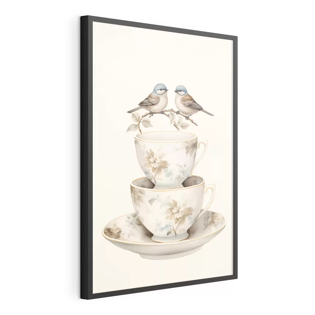 Poster Deux oiseaux sur une branche au-dessus de tasses à thé f48347