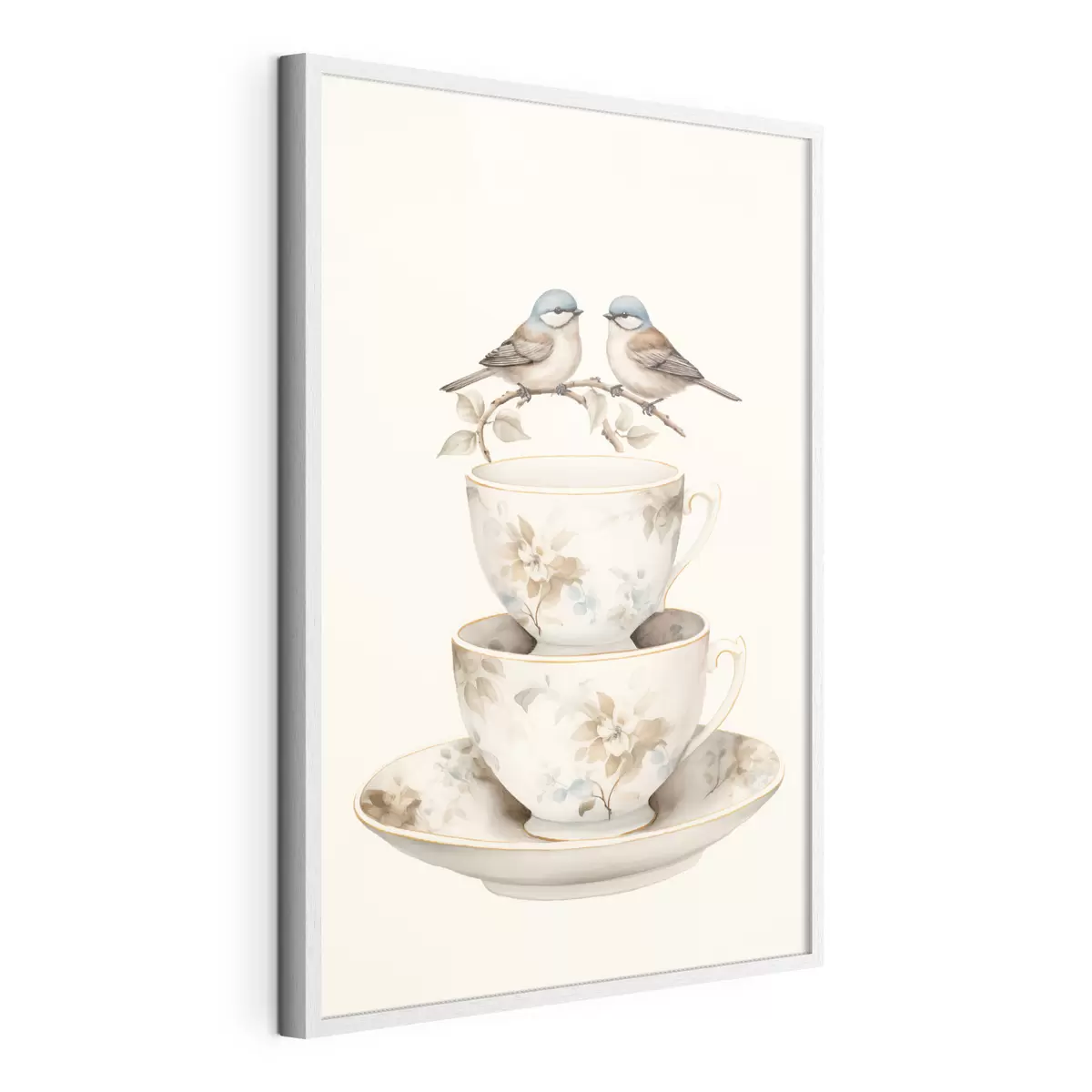 Poster Deux oiseaux sur une branche au-dessus de tasses à thé f48347