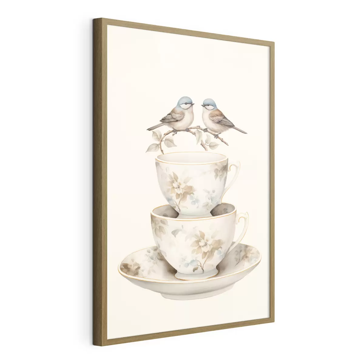 Poster Deux oiseaux sur une branche au-dessus de tasses à thé f48347