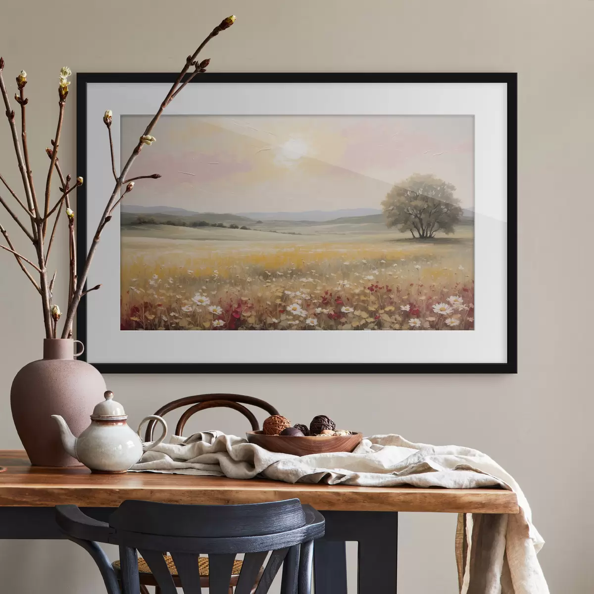 Poster Paysage avec un champ de fleurs et un arbre à l'horizon f48355