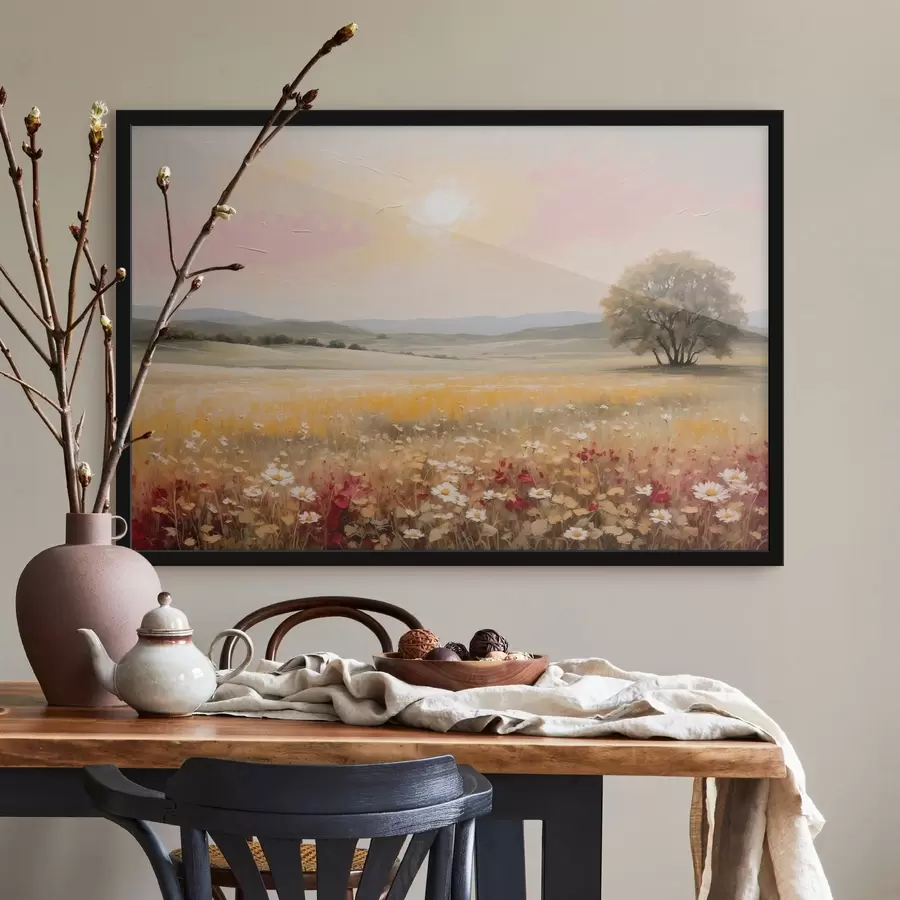 Papier peint Paysage avec un champ de fleurs et un arbre à l'horizon f48355