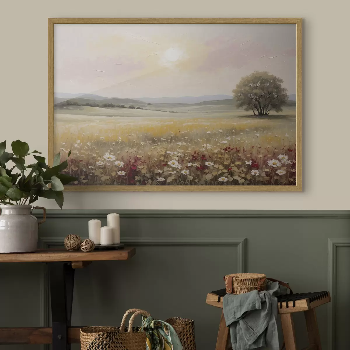 Poster Paysage avec un champ de fleurs et un arbre à l'horizon f48355