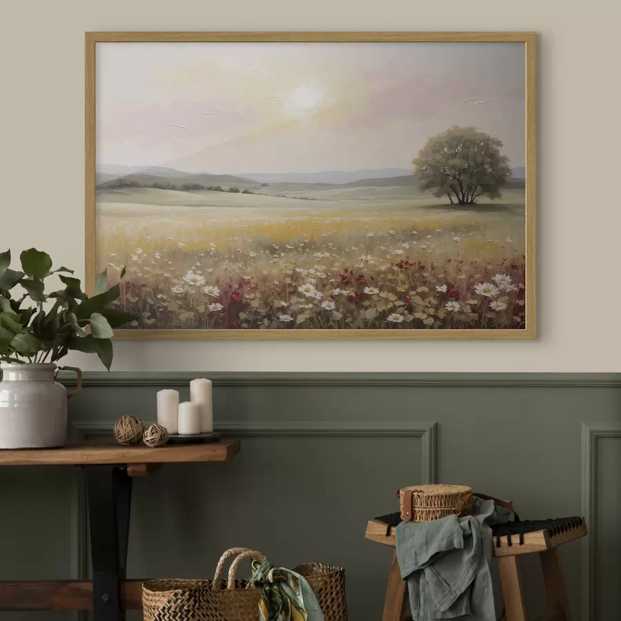 Papier peint Paysage avec un champ de fleurs et un arbre à l'horizon f48355