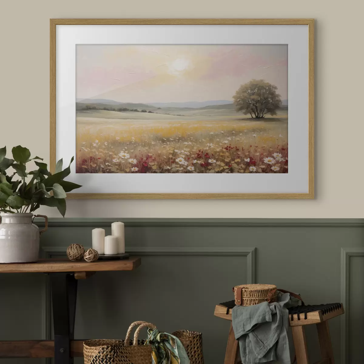 Poster Paysage avec un champ de fleurs et un arbre à l'horizon f48355