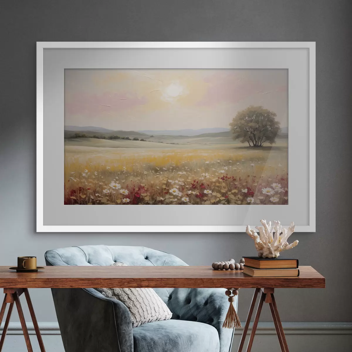 Poster Paysage avec un champ de fleurs et un arbre à l'horizon f48355