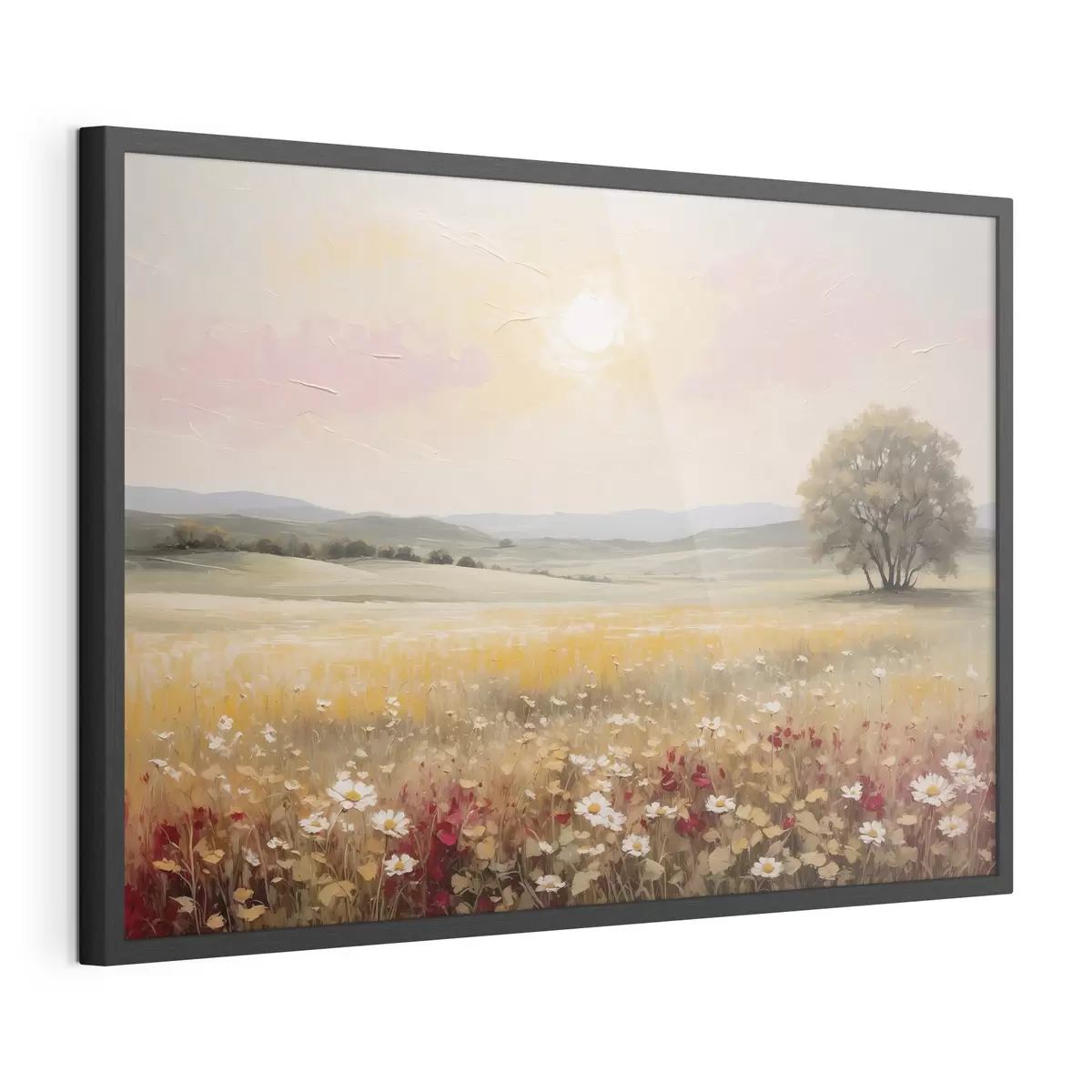 Poster Paysage avec un champ de fleurs et un arbre à l'horizon f48355