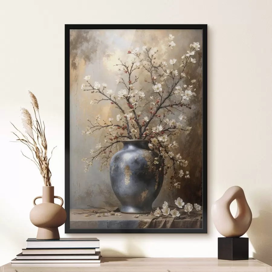 Papier peint Branches fleuries dans un vase sur fond neutre f48361