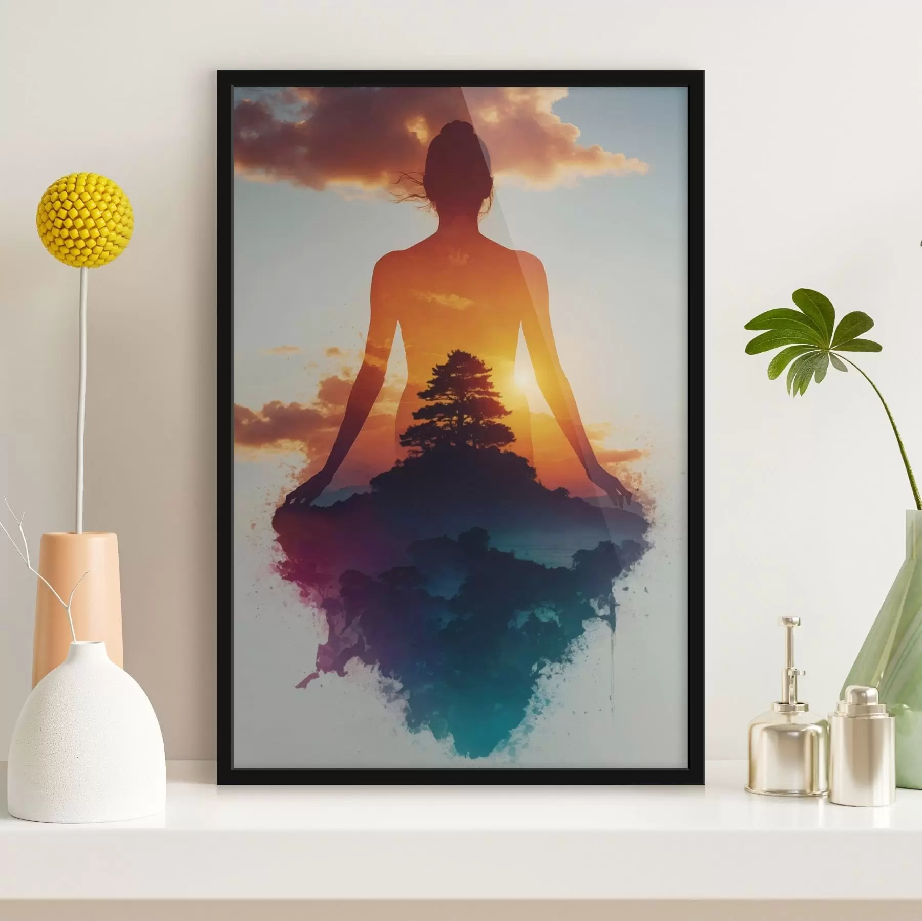 Papier peint Silhouette humaine sur fond de paysage au coucher du soleil f48364