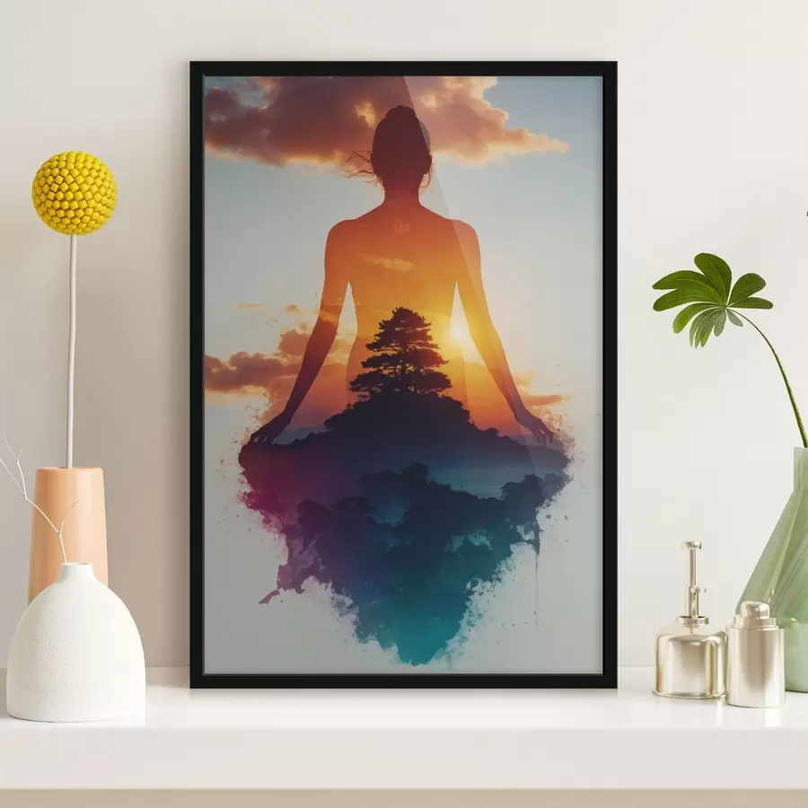 Papier peint Silhouette humaine sur fond de paysage au coucher du soleil f48364