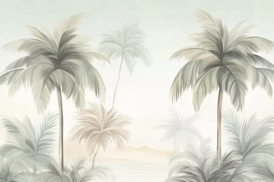 Papier peint Des palmiers aux feuilles texturées, d'un vert et d'un beige discrets, se détachant sur un ciel clair w09770