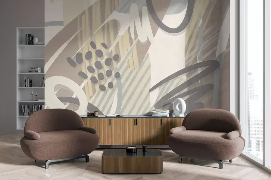 Papier peint Imprimé abstrait aux textures variées, composé de formes organiques, de gribouillis et de points dans des tons pastel discrets w09774