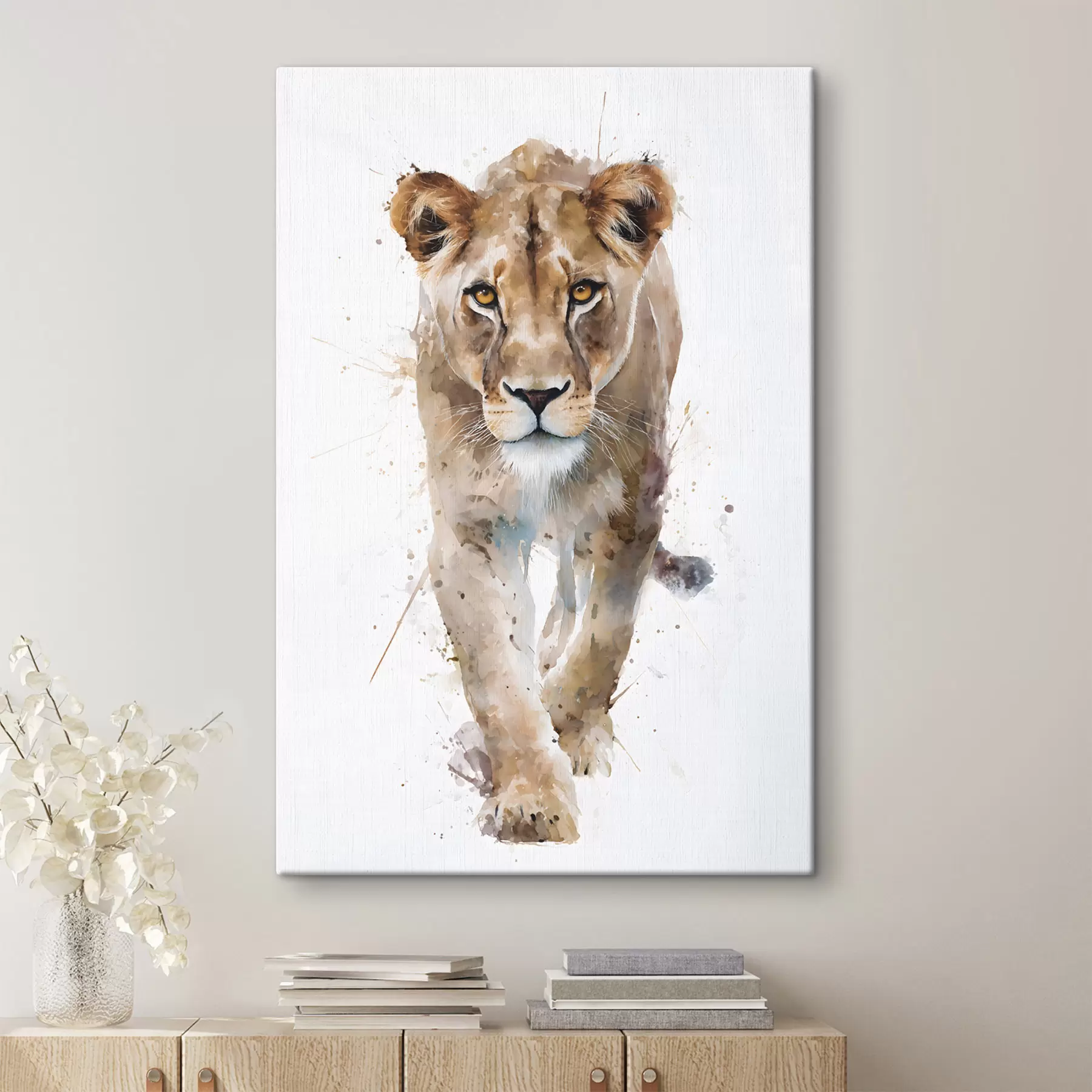 Tableau une lionne peinte à l'aquarelle s48526