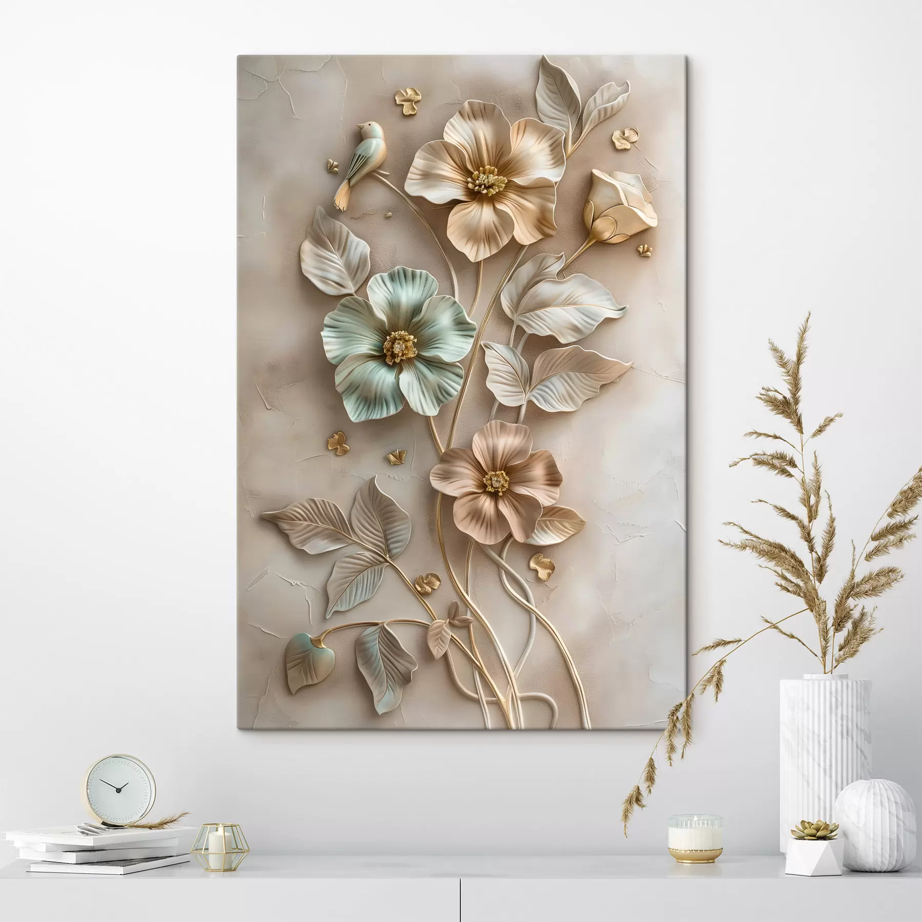 Tableau un arrangement décoratif raffiné composé de fleurs et de feuillage s48527