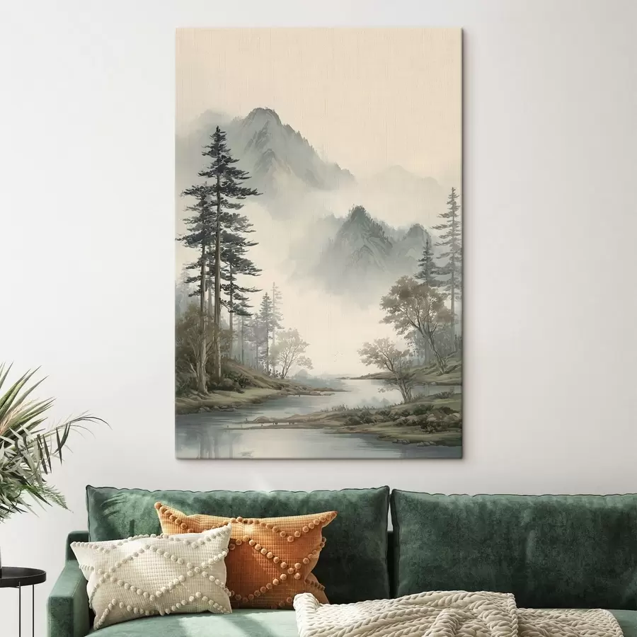 Tableau un paysage de montagne avec des pins et une rivière s48531