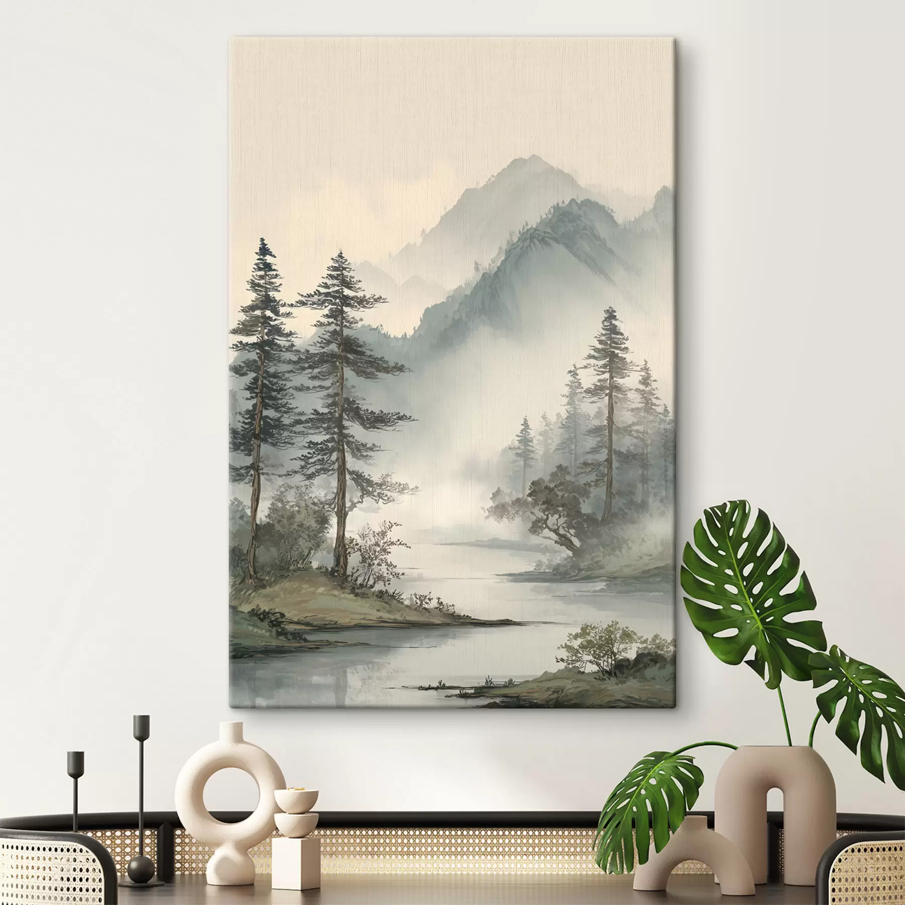 Tableau un paysage de montagne avec des pins et une rivière s48532