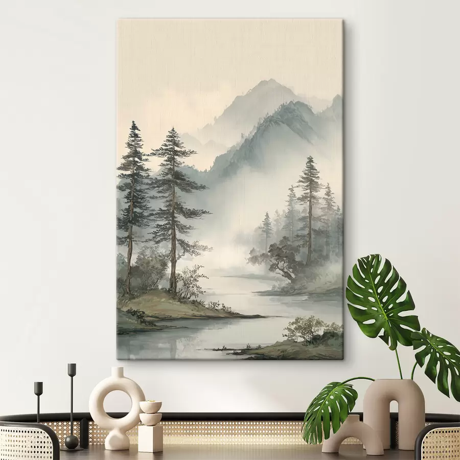Tableau un paysage de montagne avec des pins et une rivière s48532
