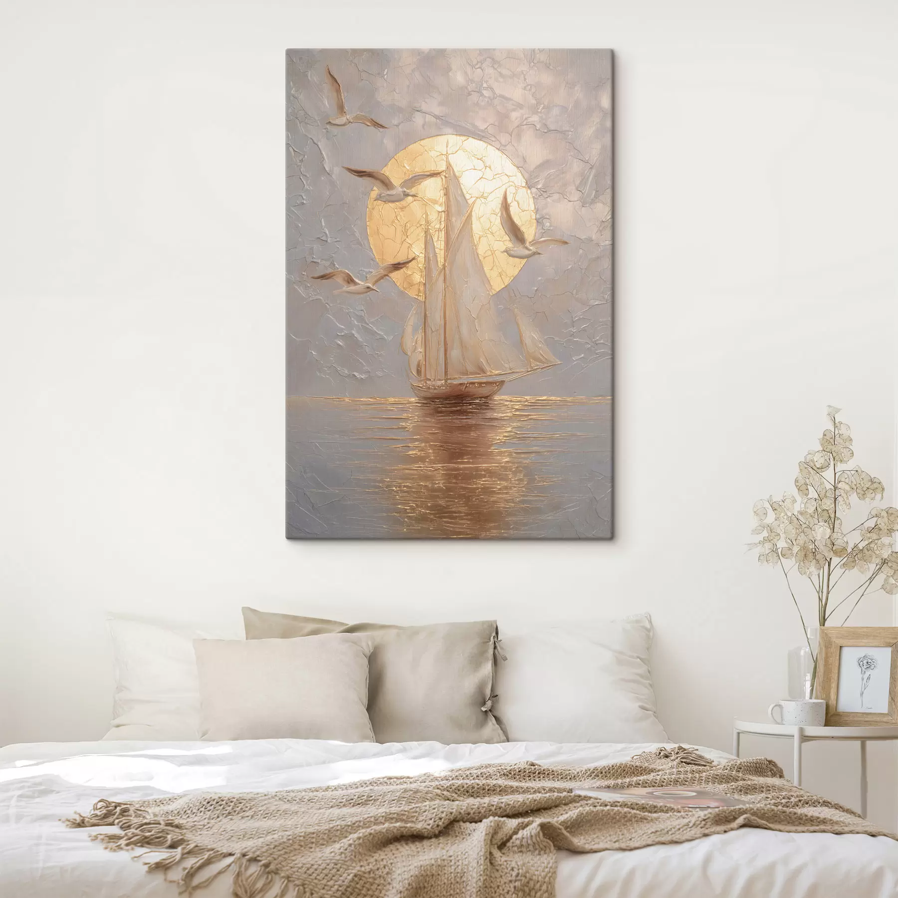 Tableau un bateau au coucher du soleil, peint dans un style impasto s48556