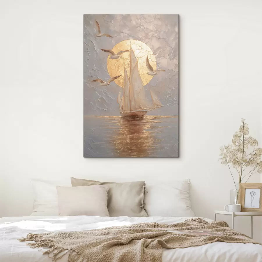 Tableau un bateau au coucher du soleil, peint dans un style impasto s48556