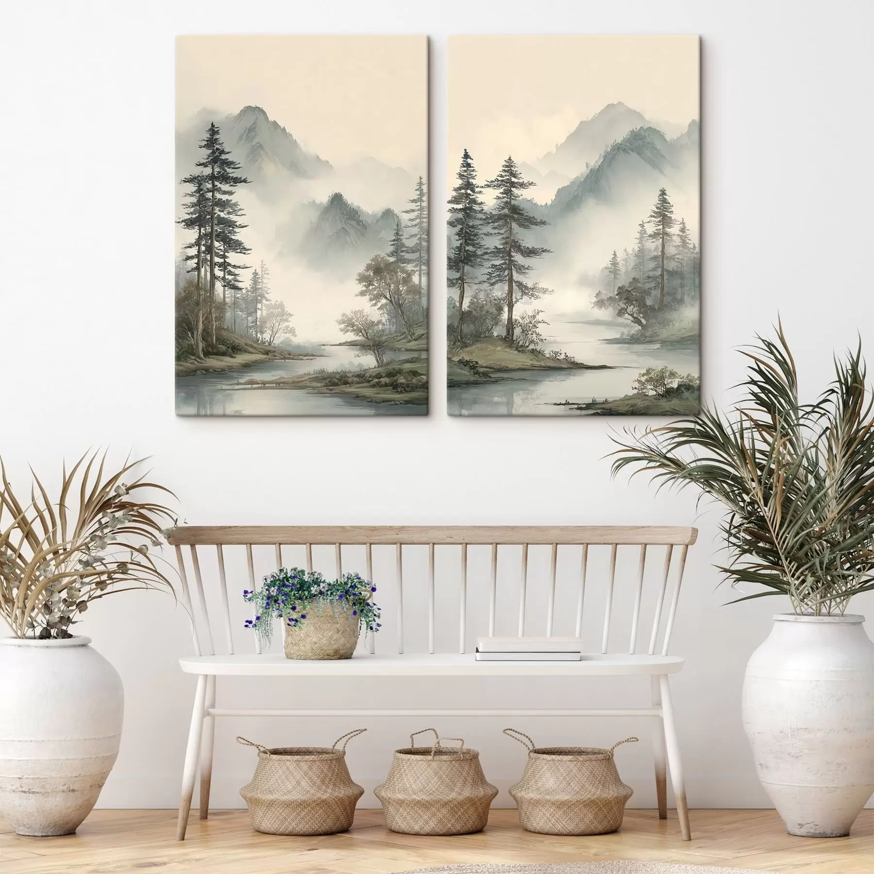Tableau un paysage de montagne avec des pins et une rivière m30262