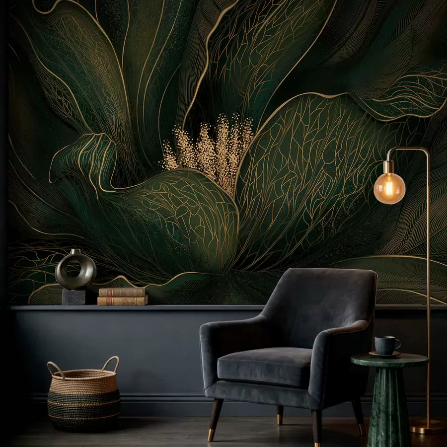 Papier peint Fleur abstraite vert foncé aux détails finement dessinés w05119v1