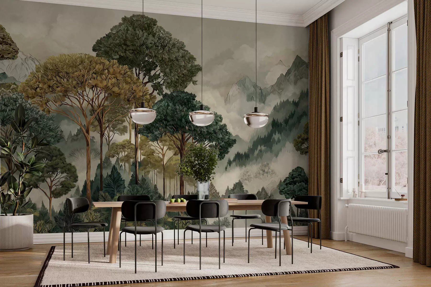 Papier peint Une forêt de grands arbres dans des montagnes brumeuses w05410