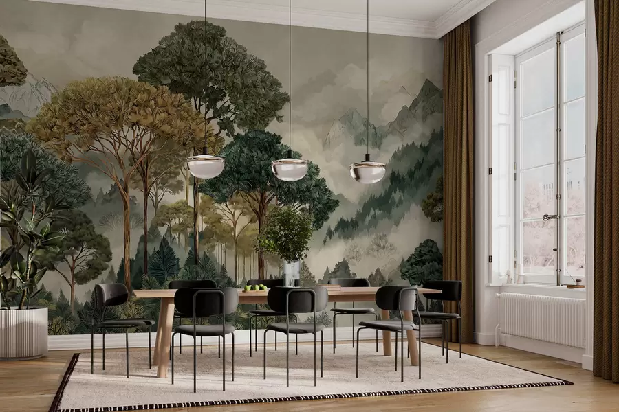Papier peint Une forêt de grands arbres dans des montagnes brumeuses w05410