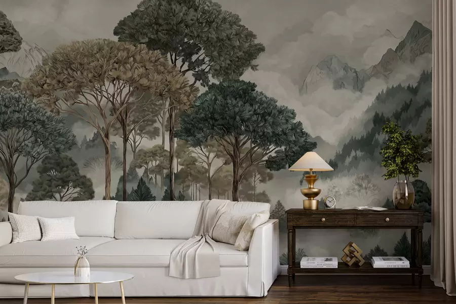 Papier peint Paysage de montagne avec une forêt aux tons doux w05410v1