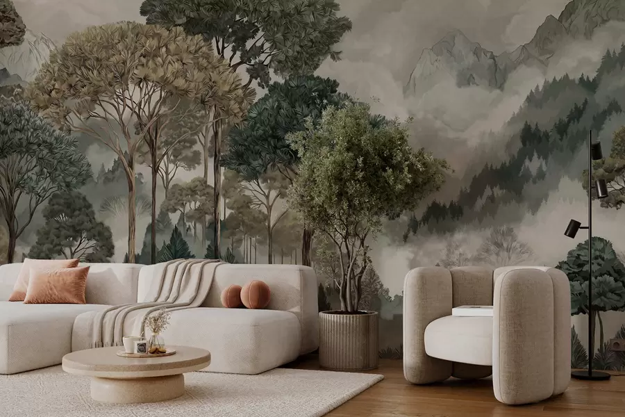 Papier peint Paysage de montagne avec une forêt aux tons doux w05410v1