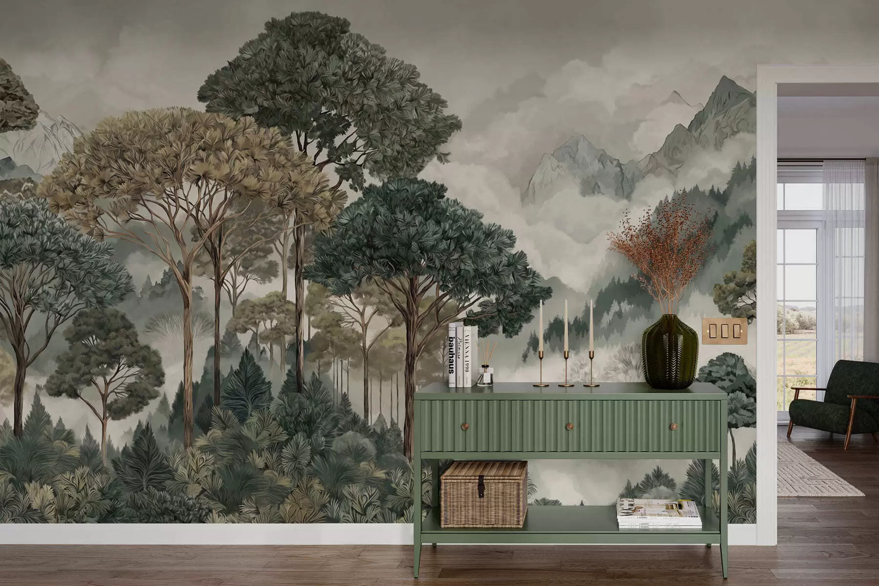 Papier peint Paysage de montagne avec une forêt aux tons doux w05410v1