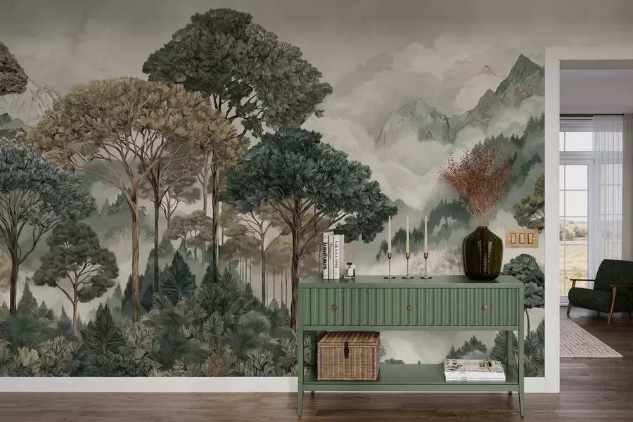 Papier peint Paysage de montagne avec une forêt aux tons doux w05410v1