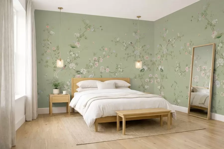 Papier peint Branches fleuries avec des oiseaux sur fond vert clair w05416