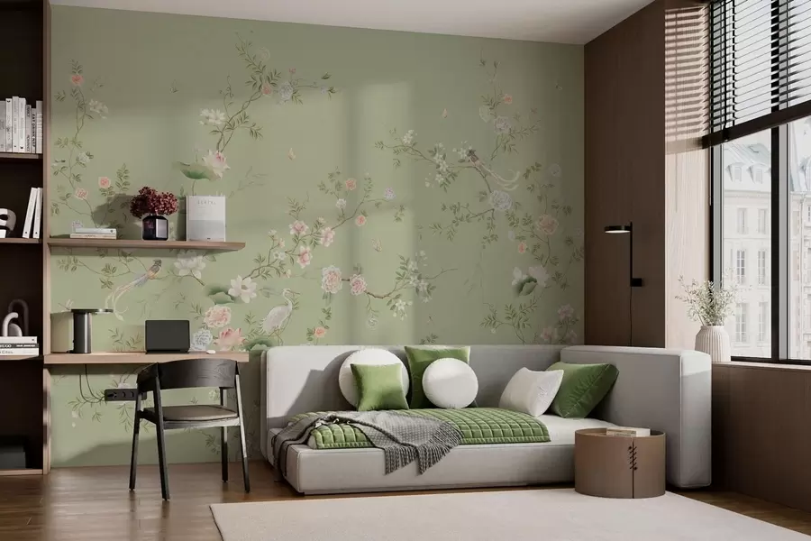 Papier peint Branches fleuries avec des oiseaux sur fond vert clair w05416