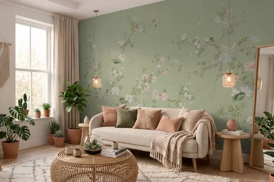 Papier peint Branches fleuries avec des oiseaux sur fond vert clair w05416