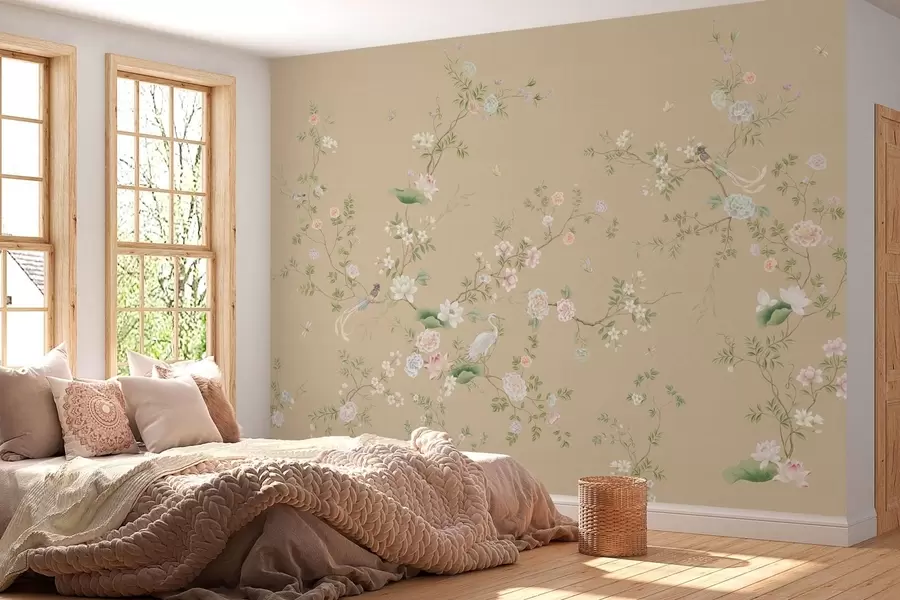 Papier peint Branches fleuries avec des oiseaux sur fond beige clair w05416v2