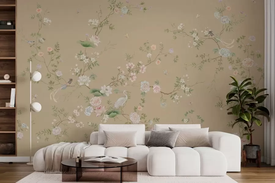 Papier peint Branches fleuries avec des oiseaux sur fond beige clair w05416v2