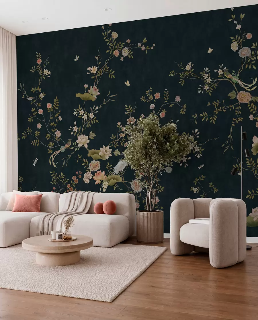 Papier peint Branches fleuries avec des oiseaux sur fond sombre w05416v3