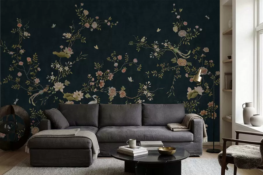 Papier peint Branches fleuries avec des oiseaux sur fond sombre w05416v3