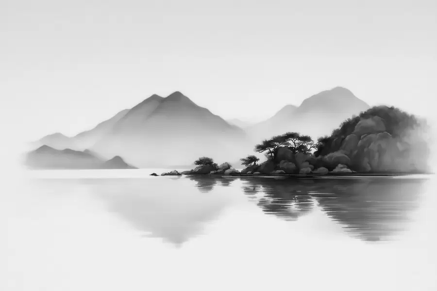 Papier peint Paysage en noir et blanc avec des montagnes et un lac dans une brume légère w09803