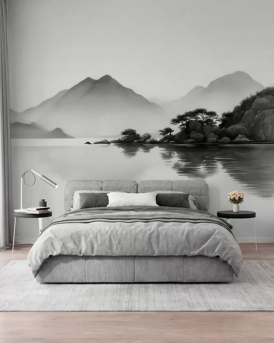 Papier peint Paysage en noir et blanc avec des montagnes et un lac dans une brume légère w09803