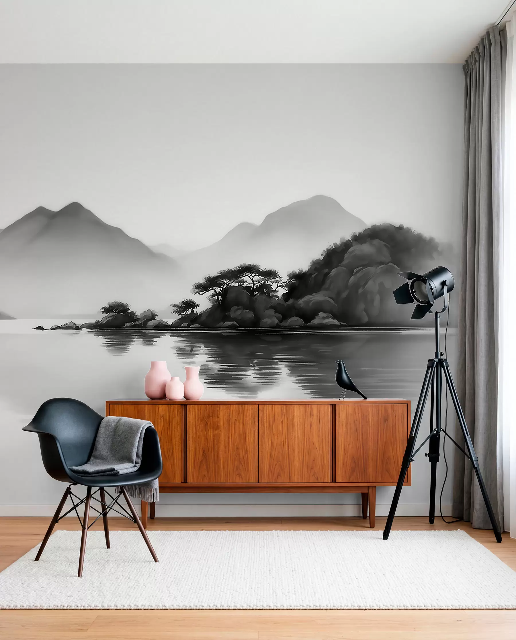 Papier peint Paysage en noir et blanc avec des montagnes et un lac dans une brume légère w09803
