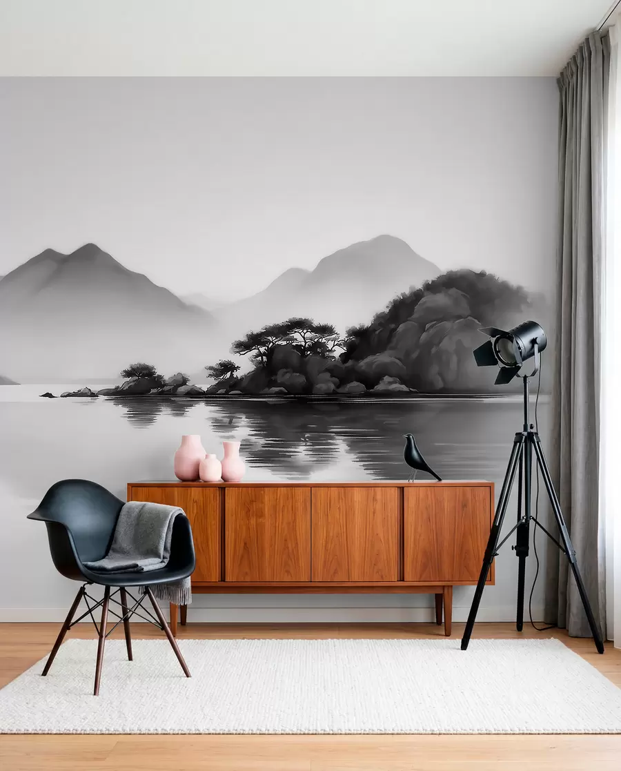 Papier peint Paysage en noir et blanc avec des montagnes et un lac dans une brume légère w09803